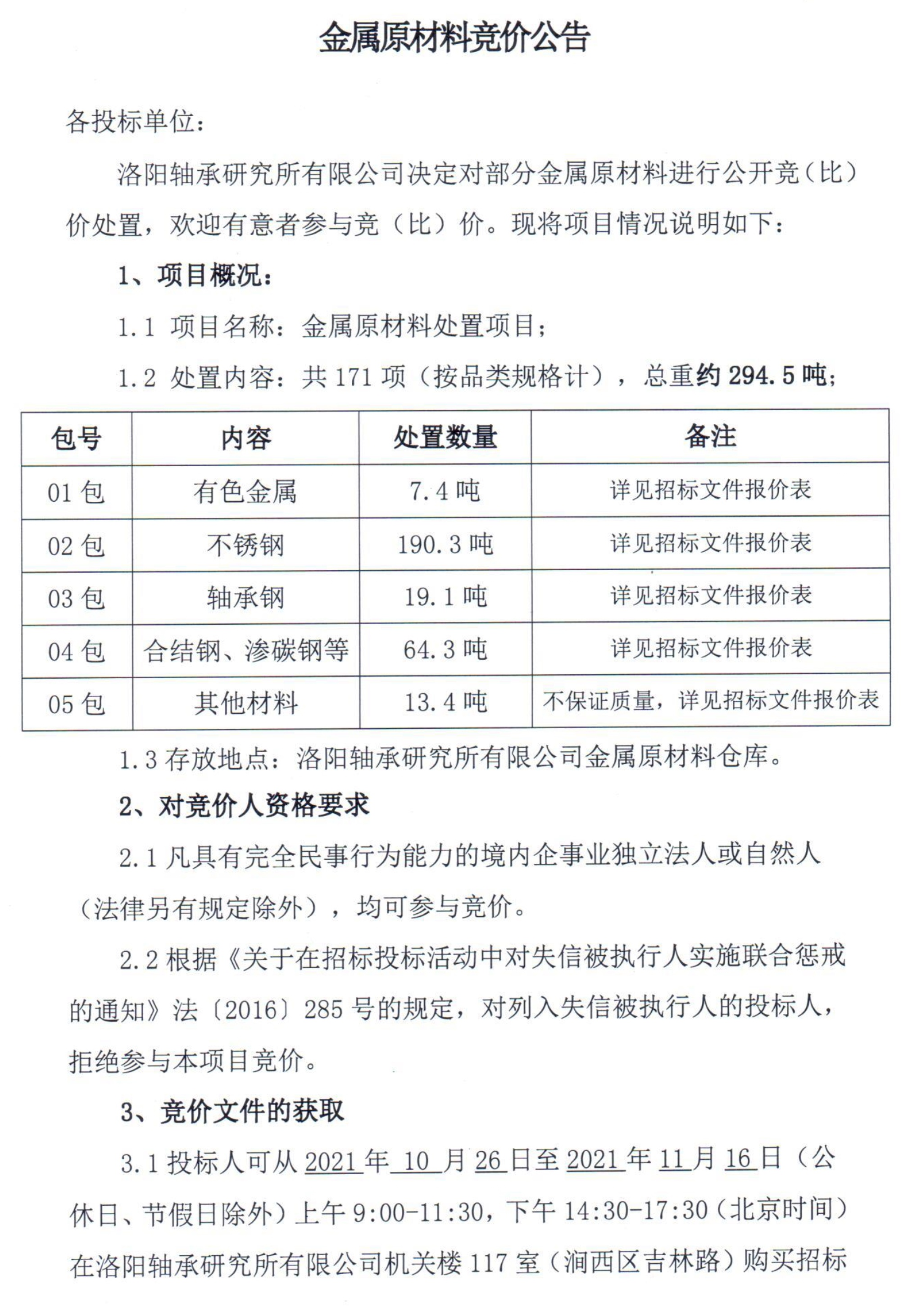 金属原质料竞价通告-洛阳轴承